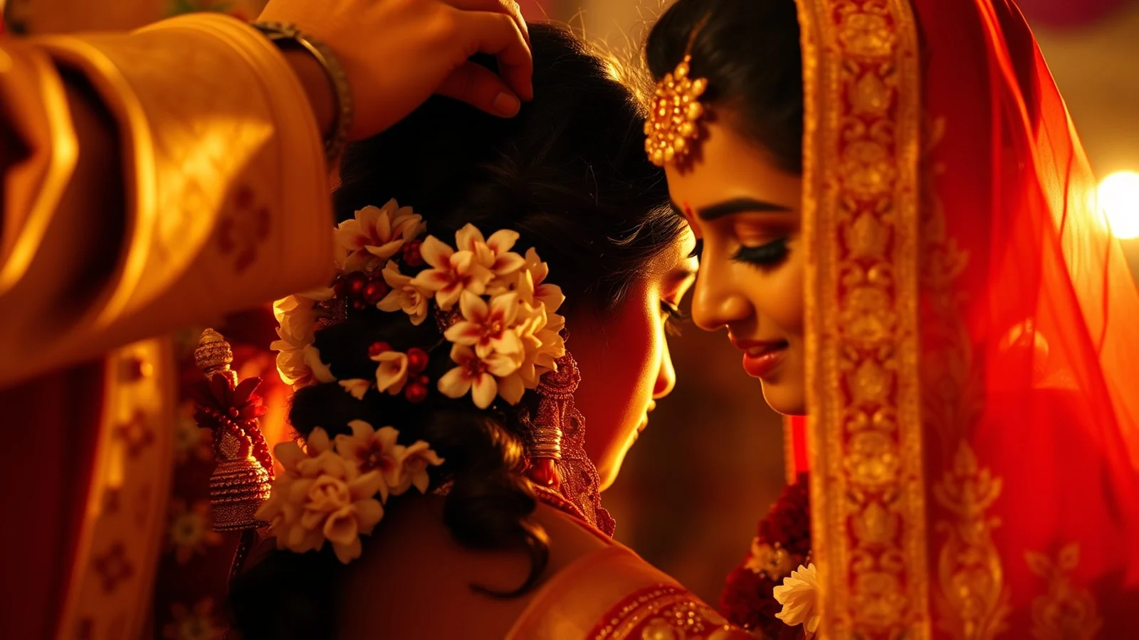 Sindoor Daan ritual moment with groom applying vermillion in the bride's hair parting