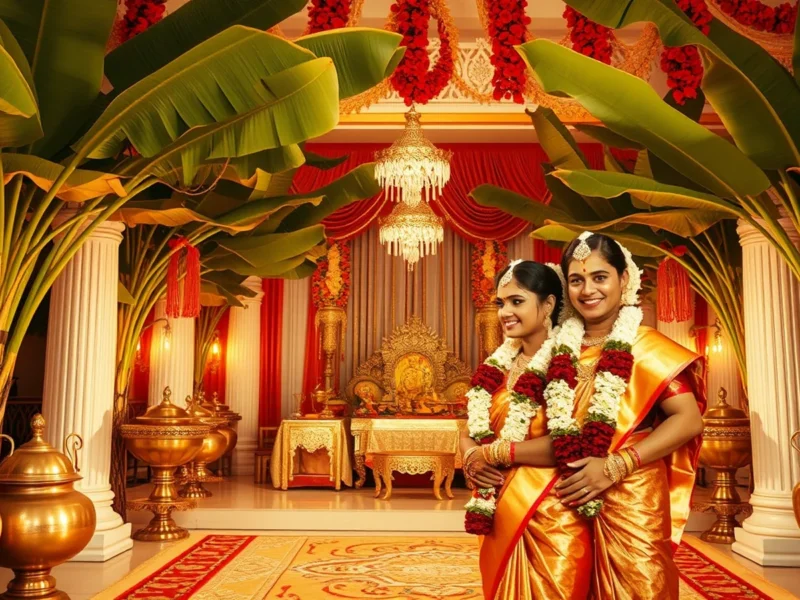 South Indian wedding mandapam with banana trees, kolam, jasmine and brass lamps