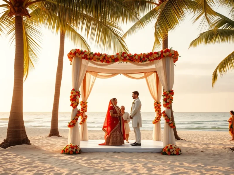 Sri Lanka destination wedding for Indians - Bentota-style coastal palm-fringed Indian beach wedding ceremony with red and white attire at golden hour