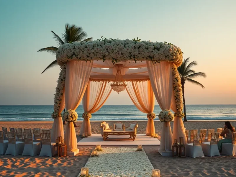 The St Regis Goa ultra-luxury beachfront wedding mandap on a long private beach at sunset