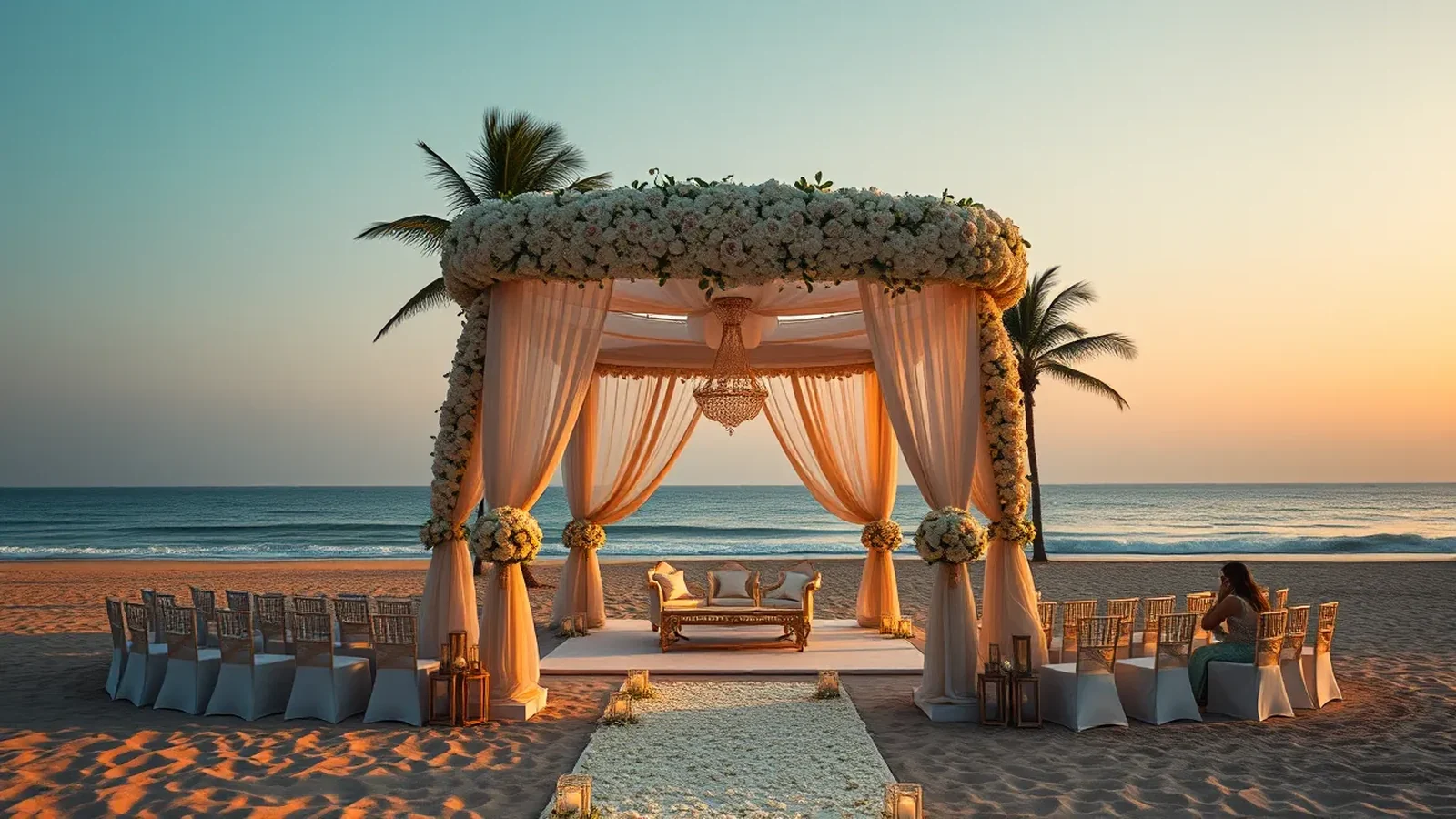 The St Regis Goa ultra-luxury beachfront wedding mandap on a long private beach at sunset