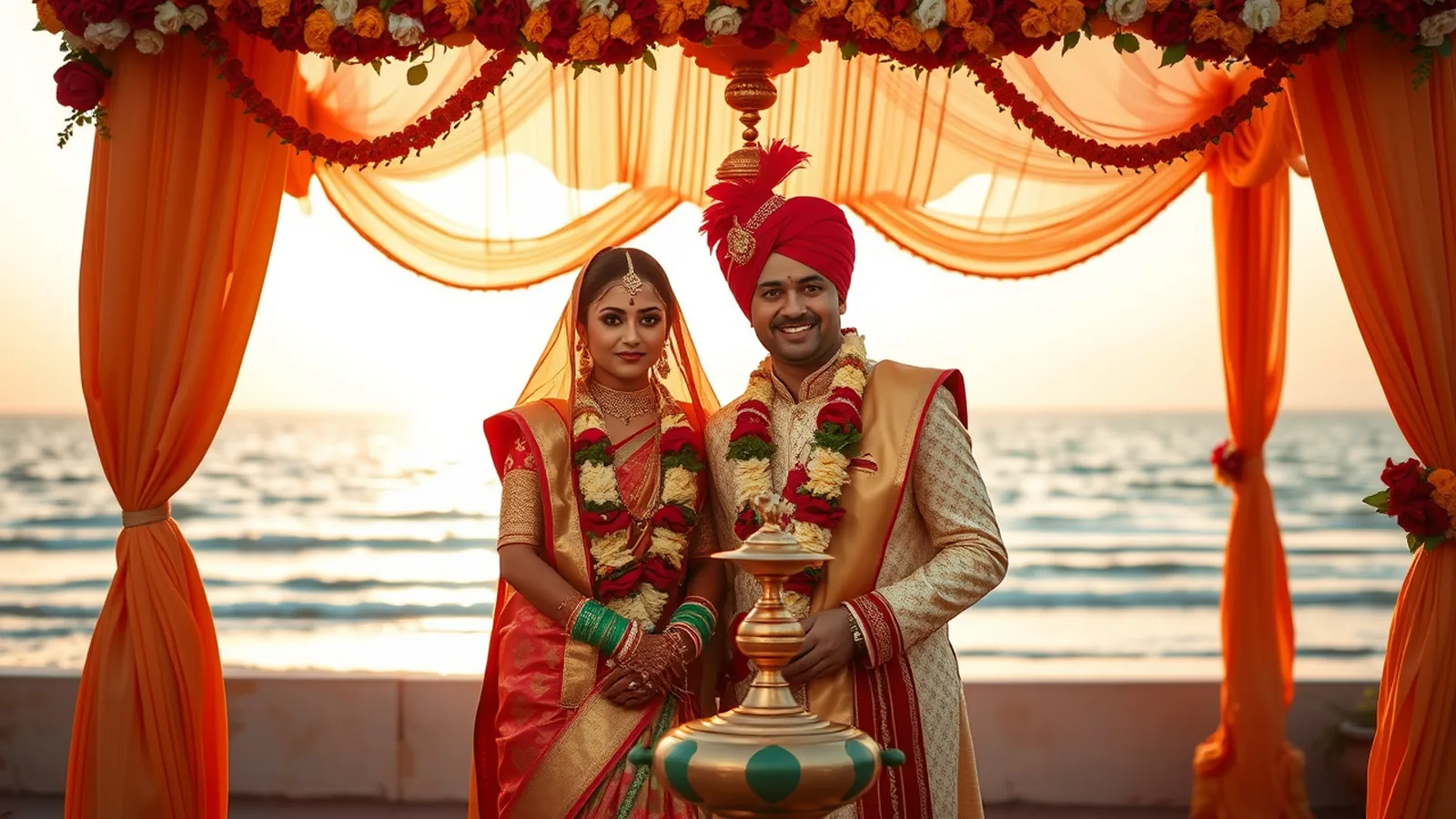Premium wedding planner in Surat - mandap at a Dumas Road resort with Gujarati family multi-day mahurat setup at golden hour