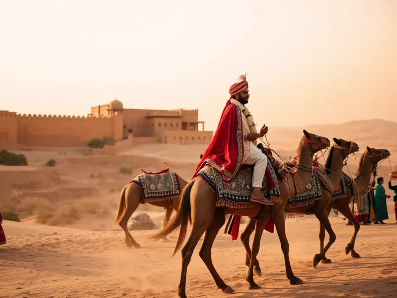 Suryagarh Jaisalmer wedding cost - golden-hour Indian palace wedding at Suryagarh fort with camel baraat procession and Thar desert dunes