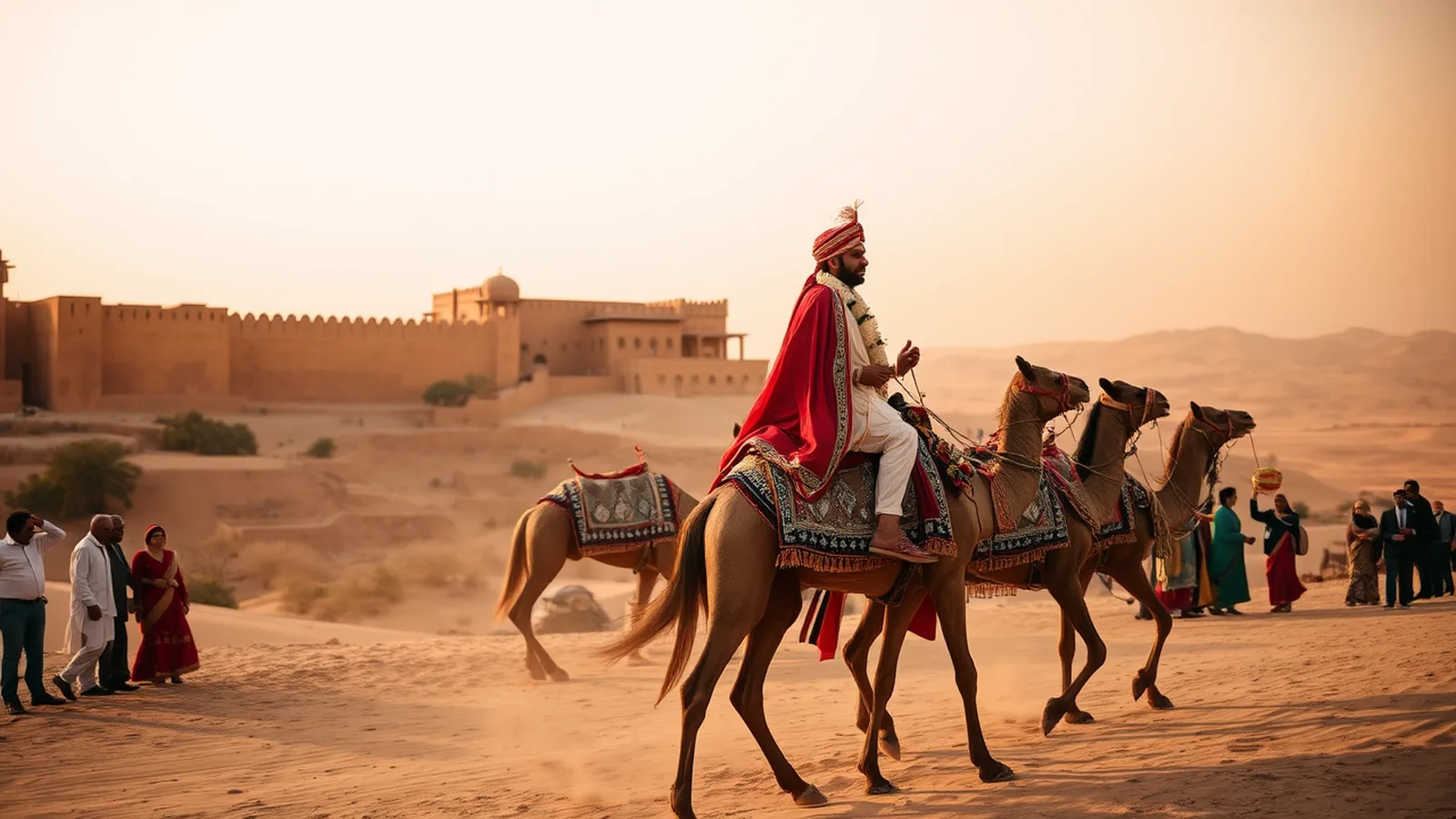 Suryagarh Jaisalmer wedding cost - golden-hour Indian palace wedding at Suryagarh fort with camel baraat procession and Thar desert dunes
