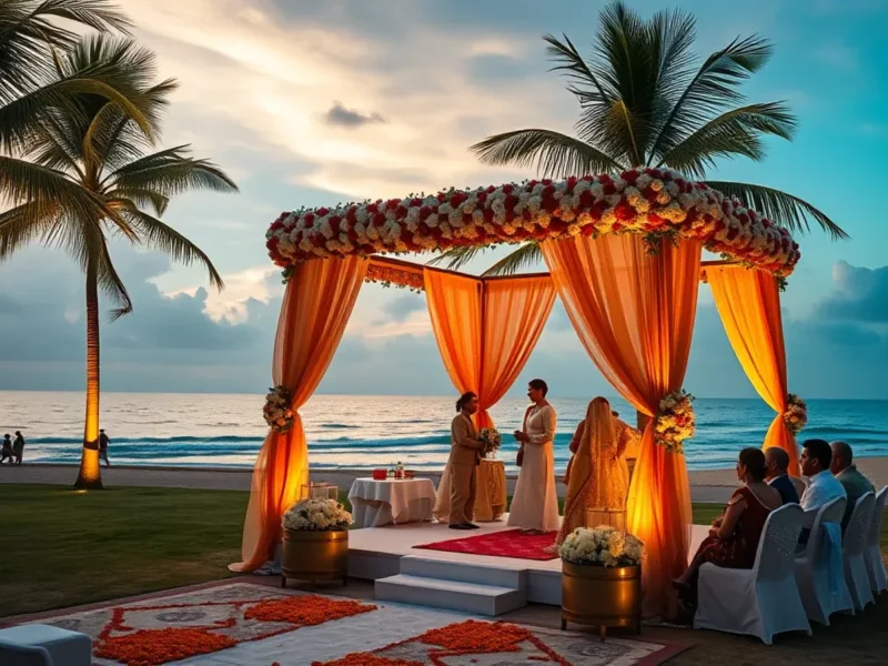 Taj Cidade de Goa beachfront wedding mandap on a private cove at sunset