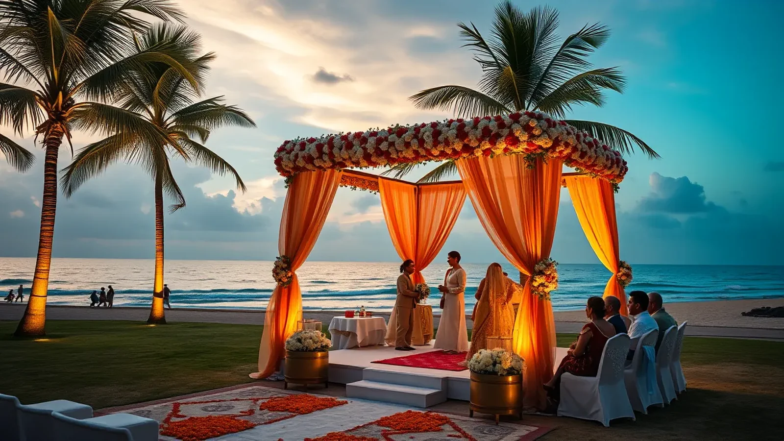 Taj Cidade de Goa beachfront wedding mandap on a private cove at sunset