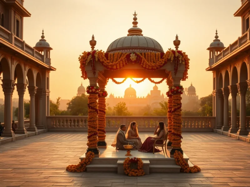 Taj Falaknuma Palace wedding cost - opulent Indian palace wedding at Taj Falaknuma Hyderabad with mandap on the grand courtyard at golden hour