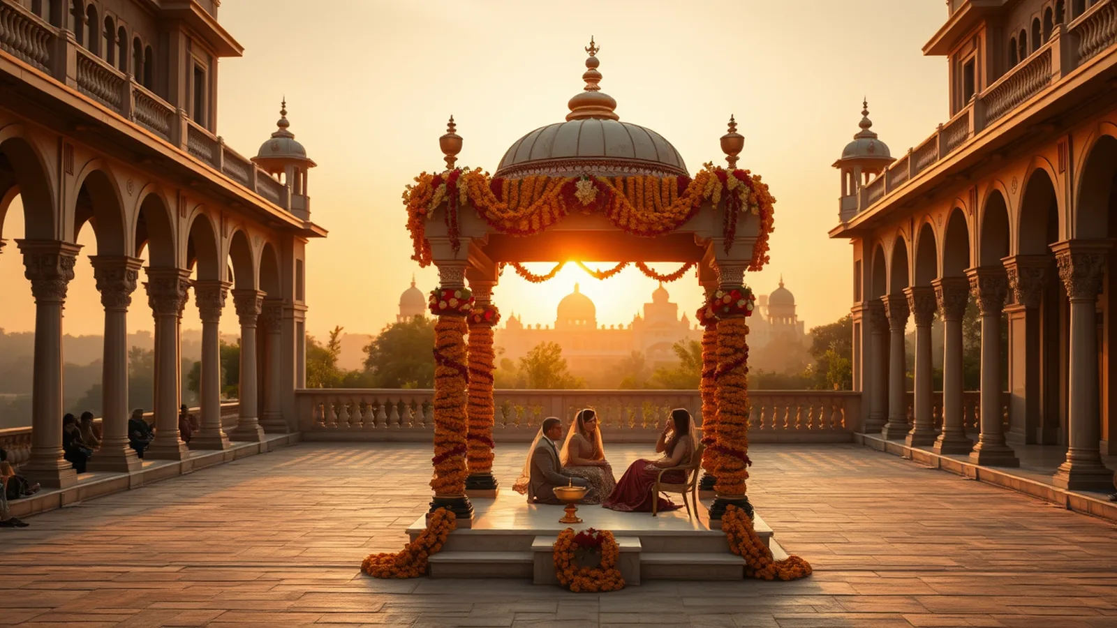 Taj Falaknuma Palace wedding cost - opulent Indian palace wedding at Taj Falaknuma Hyderabad with mandap on the grand courtyard at golden hour