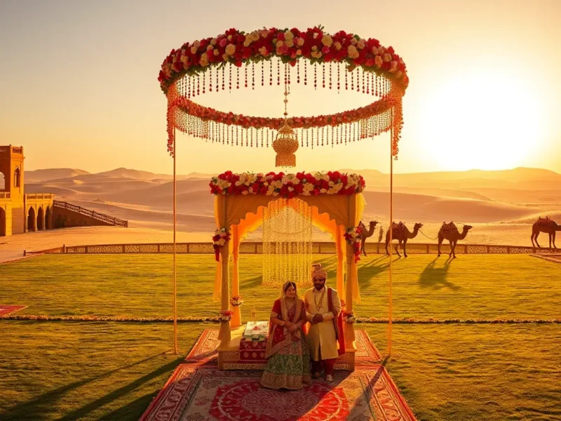 Taj Gorbandh Palace Jaisalmer desert wedding lawn with Rajputana sandstone facade