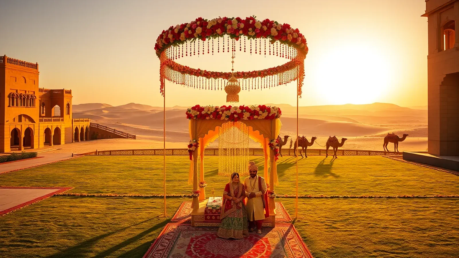Taj Gorbandh Palace Jaisalmer desert wedding lawn with Rajputana sandstone facade