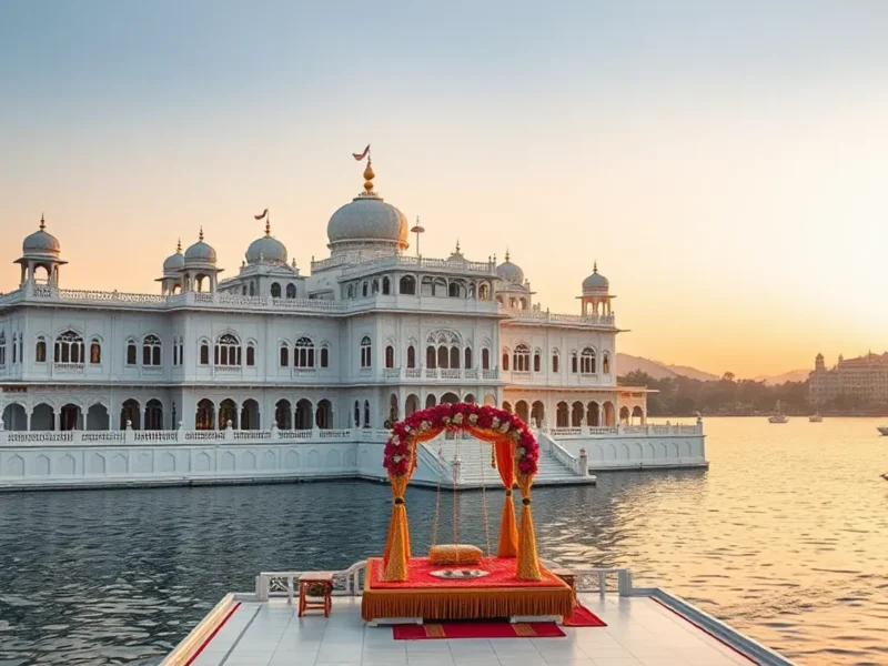 Taj Lake Palace Udaipur floating marble palace wedding setup on Lake Pichola at golden hour