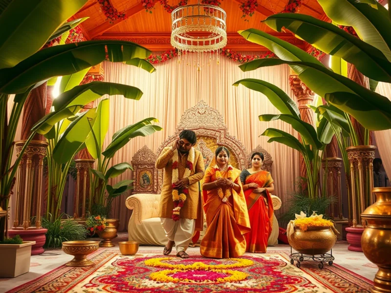 Tamil Brahmin wedding mandapam with banana trees, kolam and jasmine