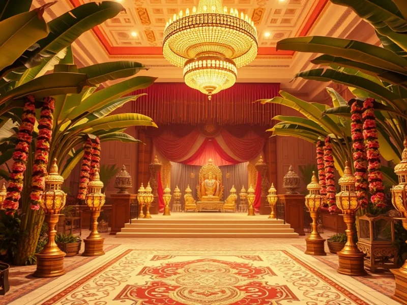 Telugu wedding mandapam with banana trees, jasmine garlands and brass lamps
