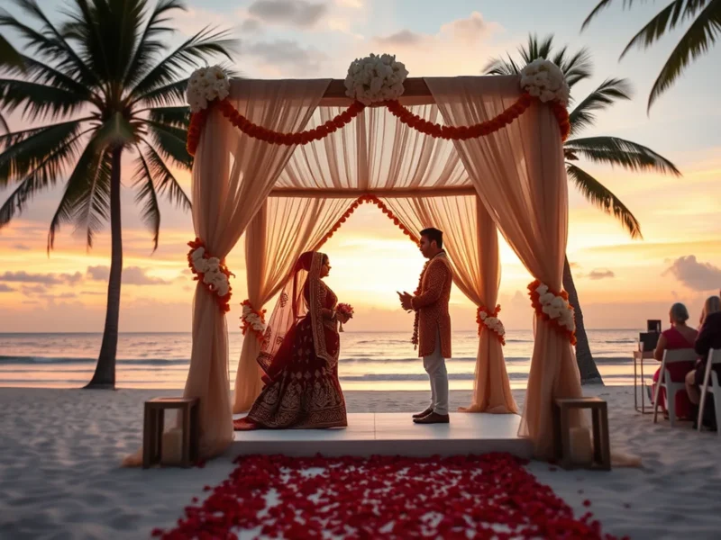 Thailand wedding for Indian couples - Phuket beach resort sunset Indian wedding with mandap on the beach, palms and red and gold attire