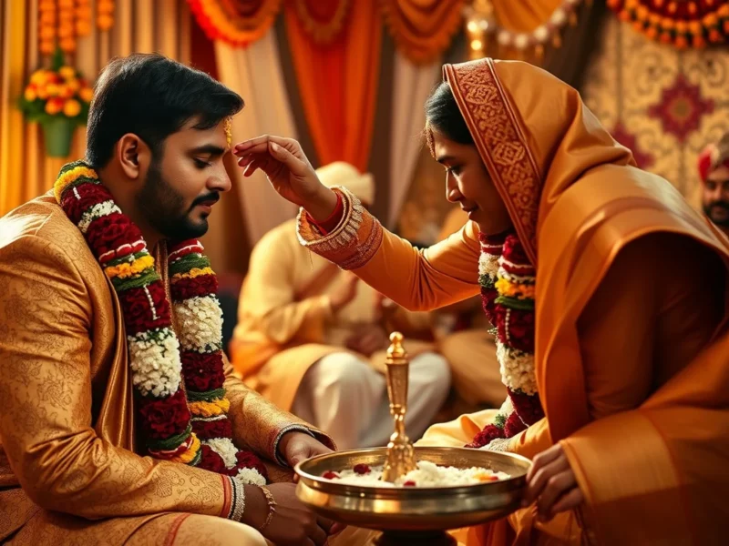 Indian wedding Tilak ceremony with brass thali of sweets and ritual gifts