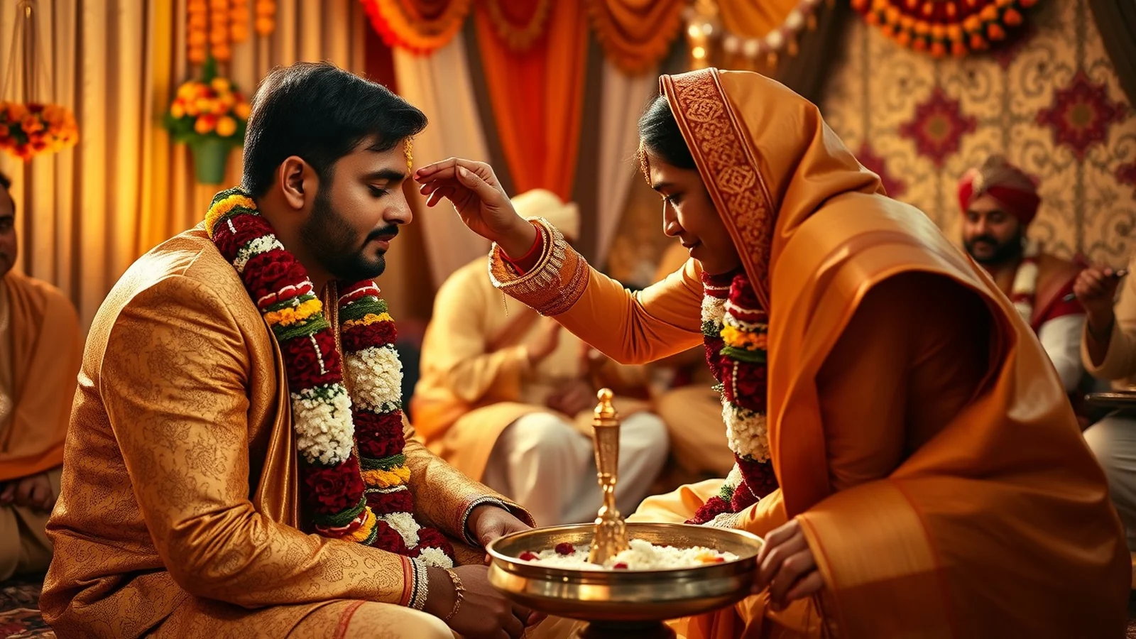 Indian wedding Tilak ceremony with brass thali of sweets and ritual gifts