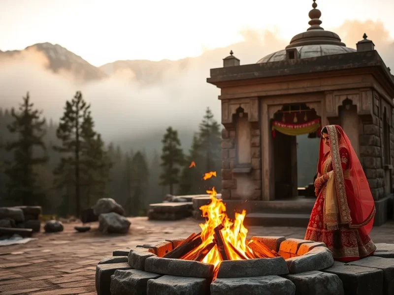 Triyuginarayan temple wedding planner - akhand dhuni sacred fire at Himalayan stone shrine
