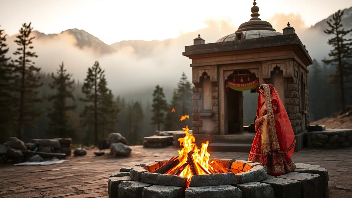 Triyuginarayan temple wedding planner - akhand dhuni sacred fire at Himalayan stone shrine