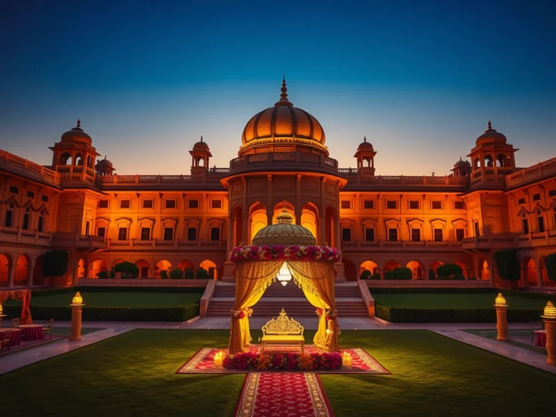 Umaid Bhawan Palace Jodhpur at golden hour with a royal Indian wedding setup on the lawns