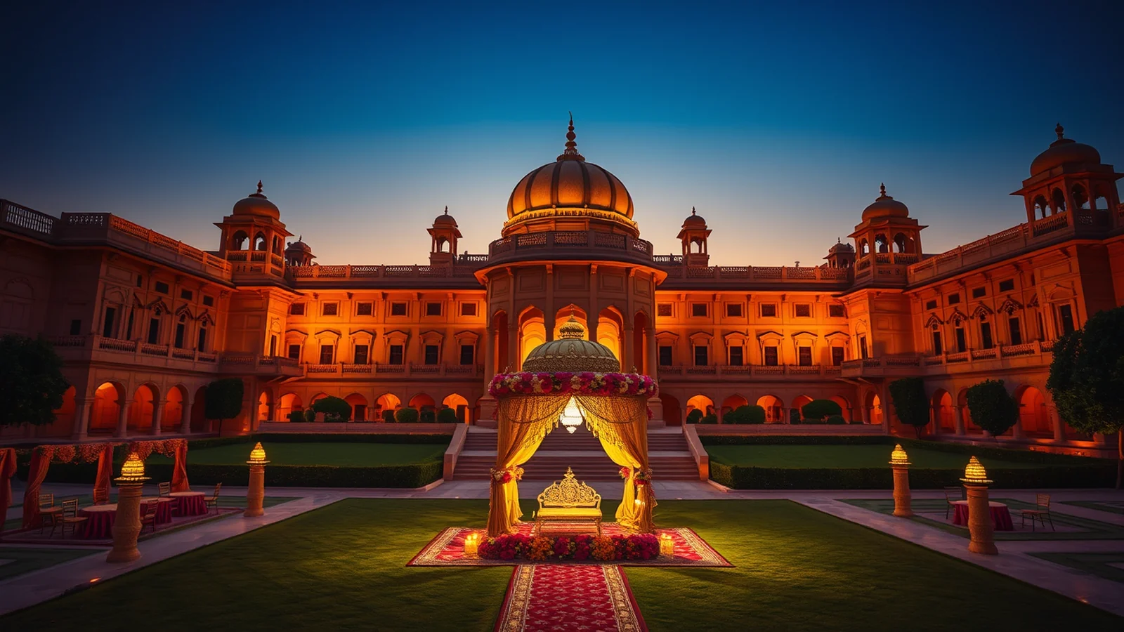 Umaid Bhawan Palace Jodhpur at golden hour with a royal Indian wedding setup on the lawns