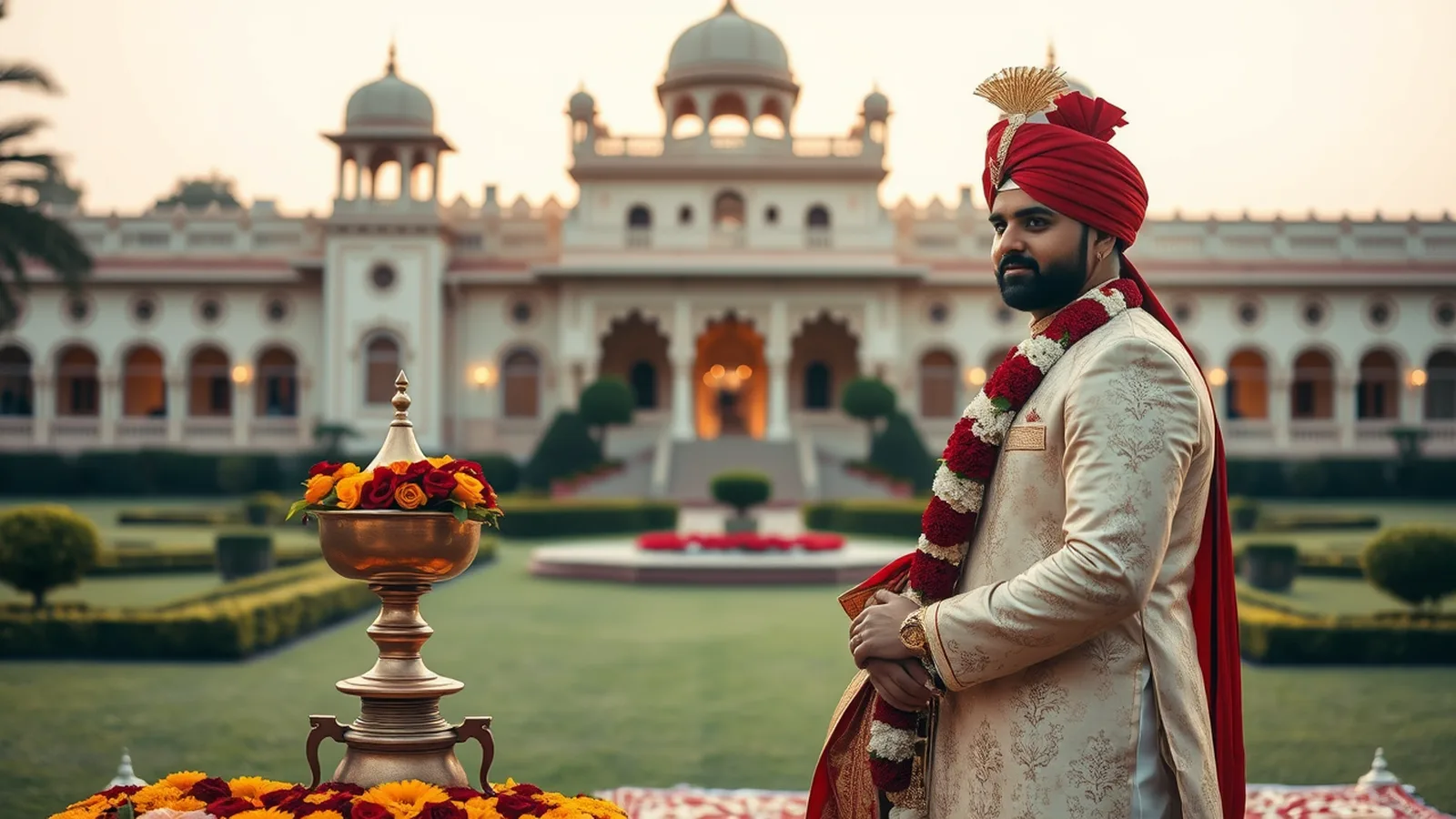 Premium wedding planner in Vadodara - heritage Gaekwad-palace-circuit wedding mandap on a sweeping lawn at golden hour