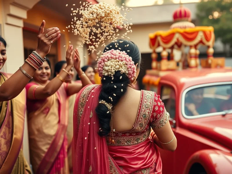 Emotional Indian Vidaai ceremony with the bride throwing rice as she departs