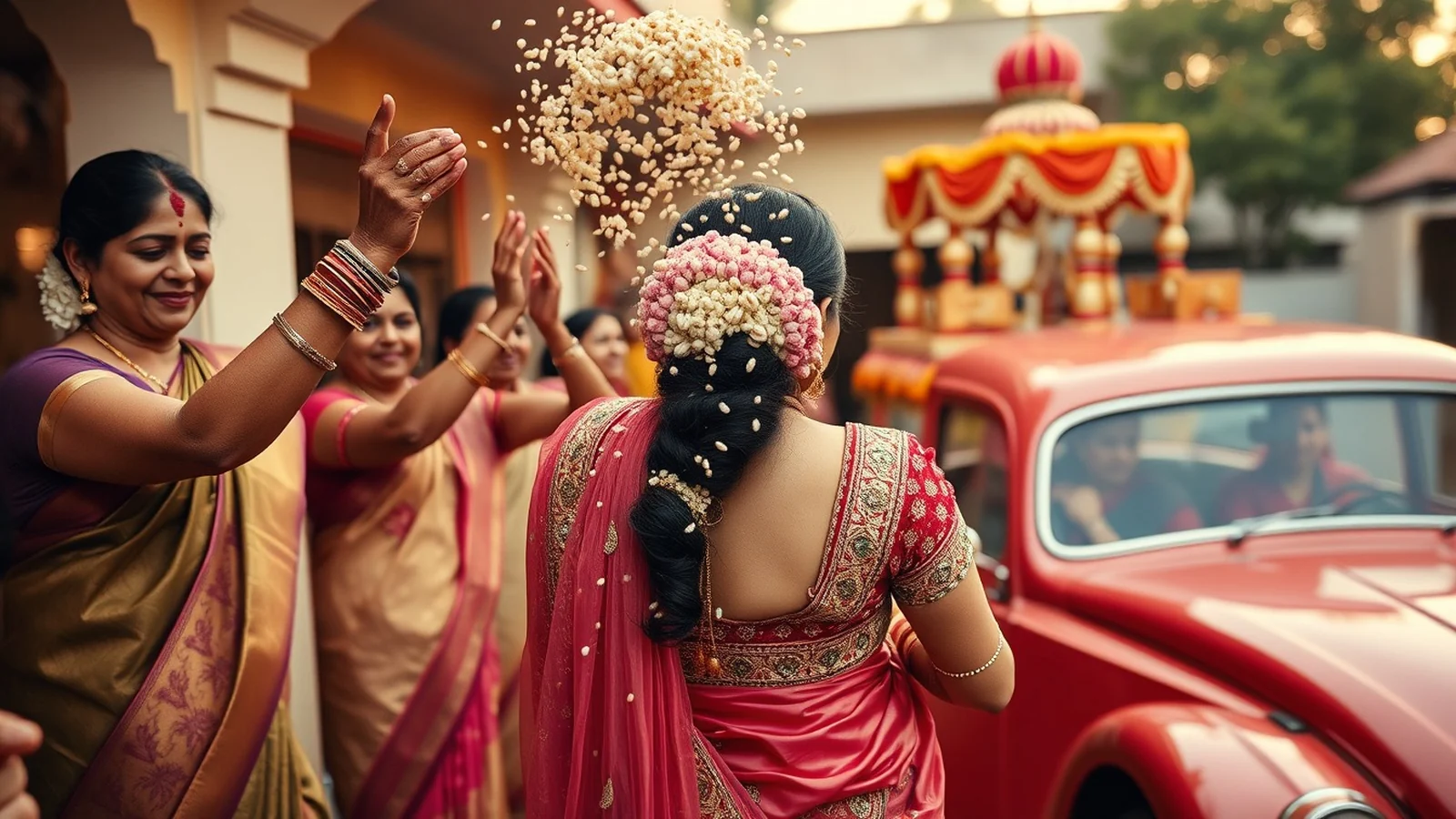 Emotional Indian Vidaai ceremony with the bride throwing rice as she departs