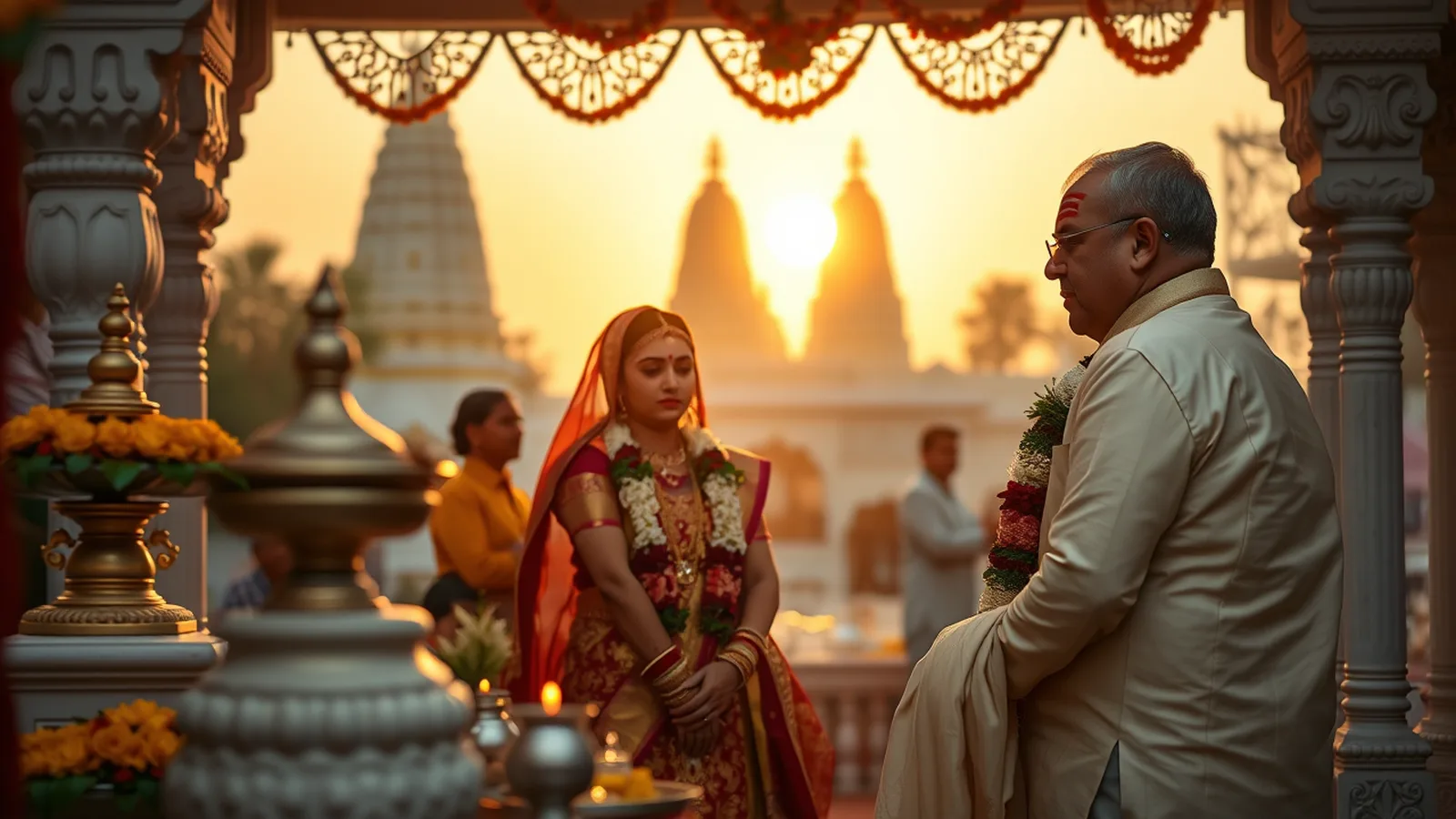 Premium wedding planner in Vrindavan - Vaishnav temple-side Hindu wedding mandap with Krishna iconography at golden hour