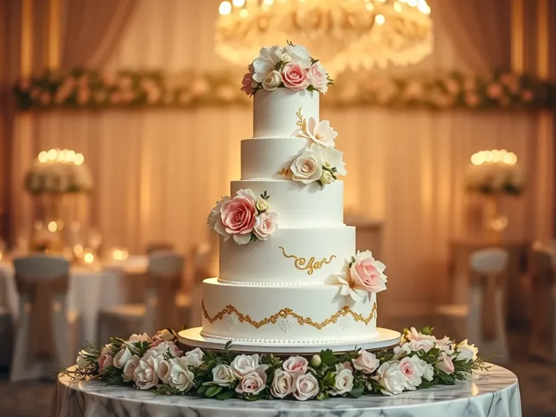 Elegant five-tier white wedding cake with sugar flowers and edible gold leaf