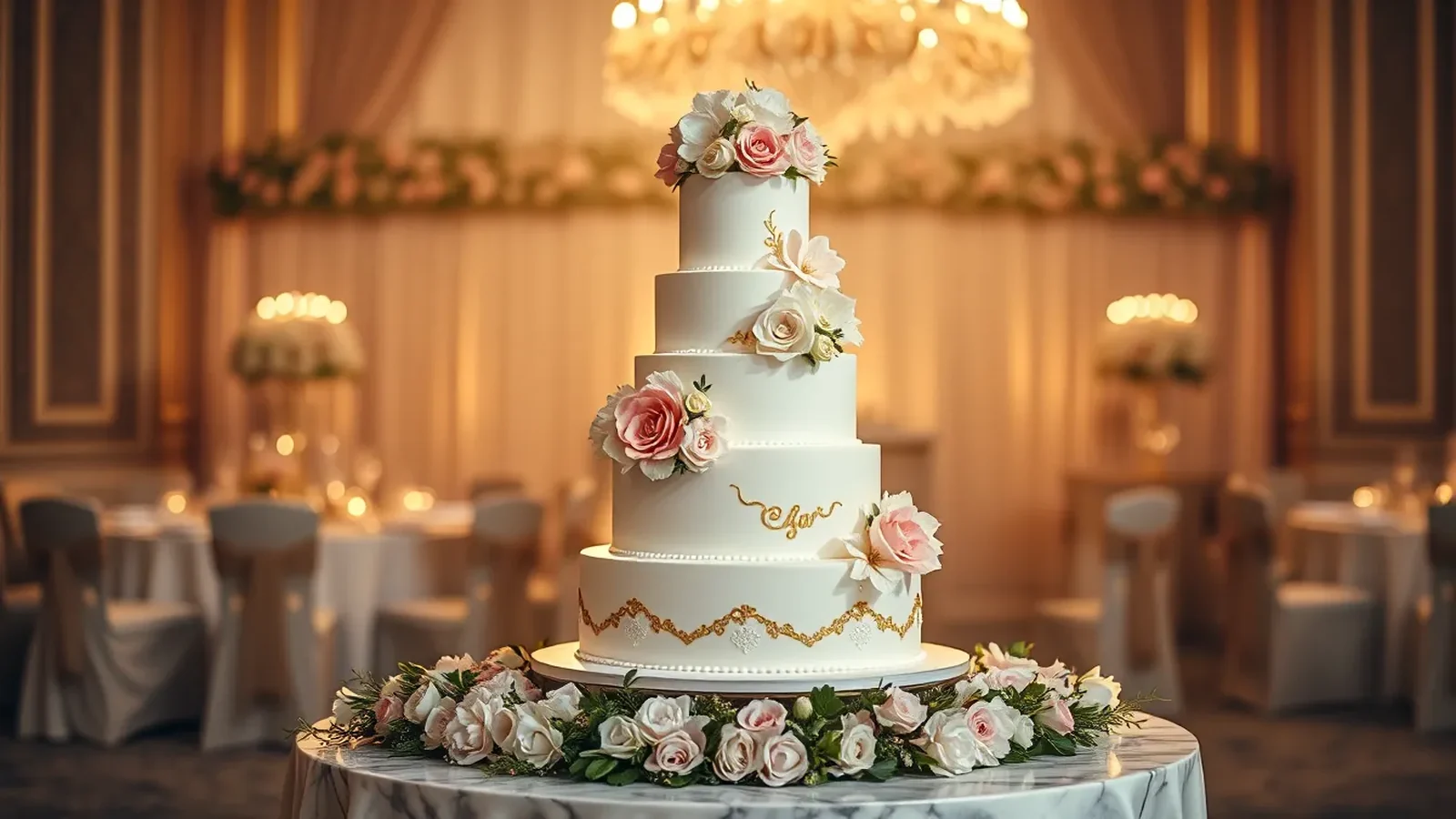 Elegant five-tier white wedding cake with sugar flowers and edible gold leaf