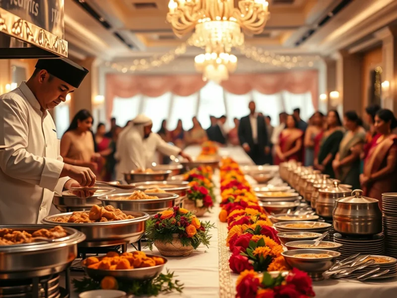 Wedding catering cost in India - live counter chefs serving North Indian and South Indian dishes at a premium Indian wedding buffet at golden hour