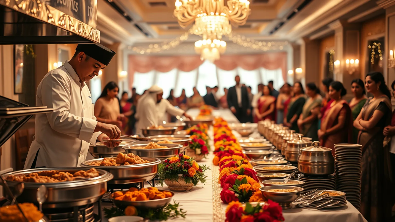Wedding catering cost in India - live counter chefs serving North Indian and South Indian dishes at a premium Indian wedding buffet at golden hour