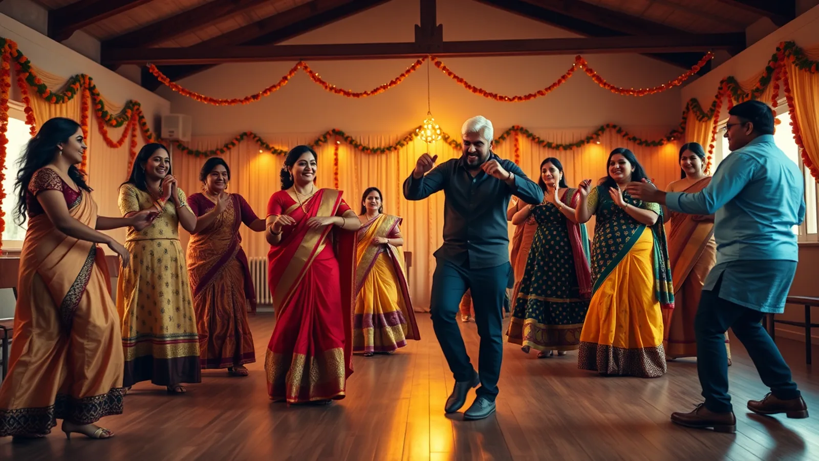 Wedding choreographer cost in India - an Indian family rehearsing sangeet dance choreography in a decorated practice hall