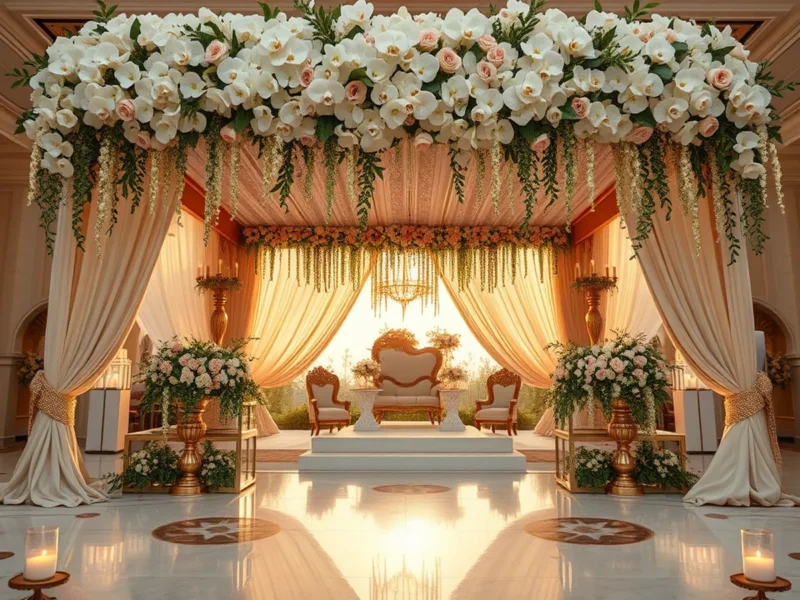 Wedding decoration in India - opulent floral mandap with cascading white orchids and roses at an Indian luxury wedding venue at golden hour