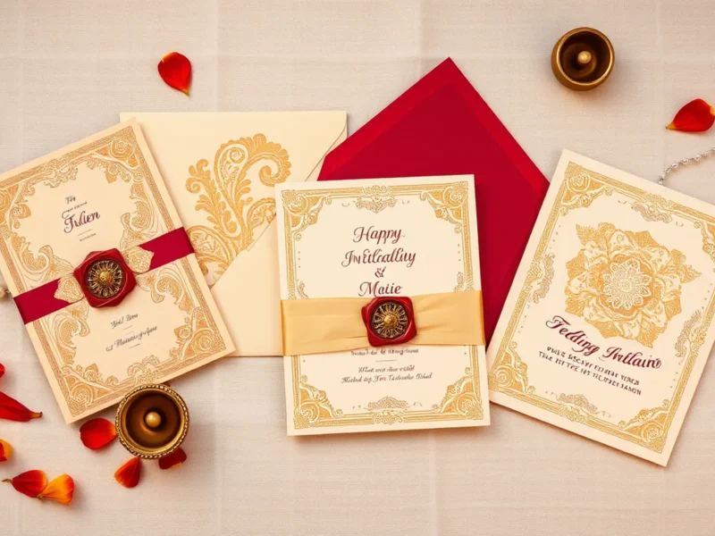 Wedding invitation cost in India - elegant flat-lay of luxury Indian wedding invitation cards with gold foil, envelopes and marigold accents