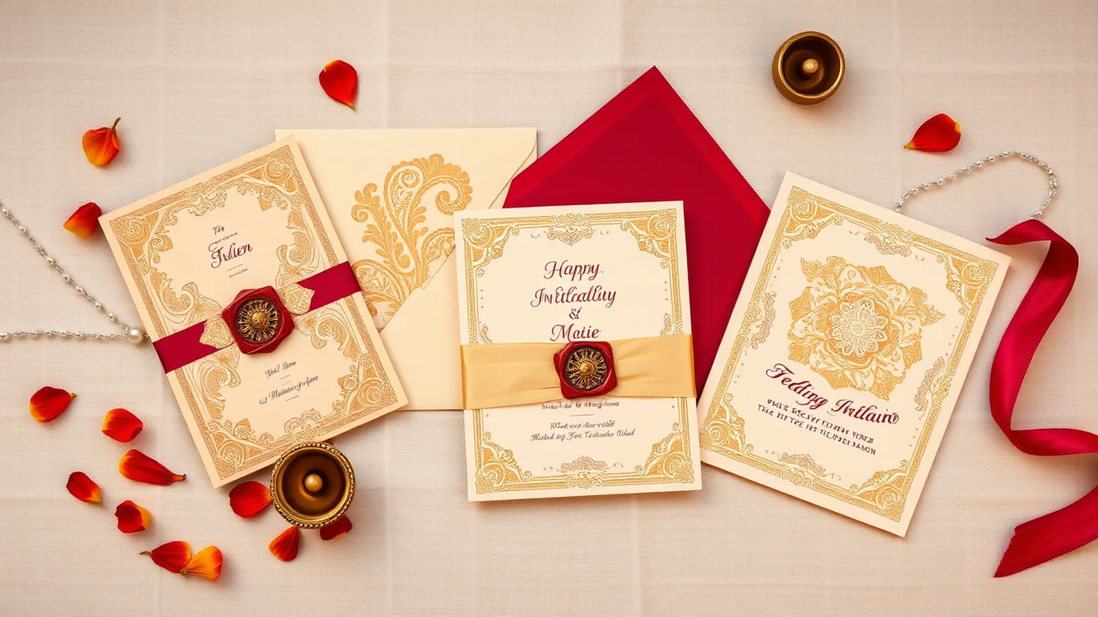 Wedding invitation cost in India - elegant flat-lay of luxury Indian wedding invitation cards with gold foil, envelopes and marigold accents