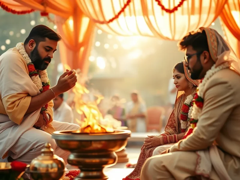 Wedding muhurat dates 2026-2027 - an auspicious Indian wedding muhurat moment at a mandap with sacred fire and priest in soft morning light