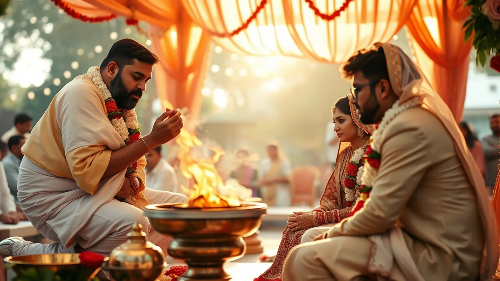 Wedding muhurat dates 2026-2027 - an auspicious Indian wedding muhurat moment at a mandap with sacred fire and priest in soft morning light