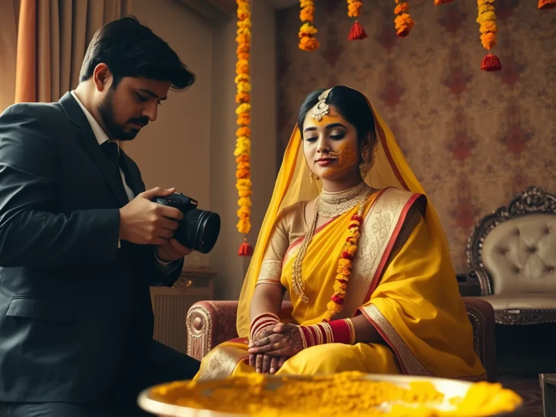 Wedding photographer cost in India - professional Indian wedding photographer capturing a Hindu bride during haldi in soft natural light