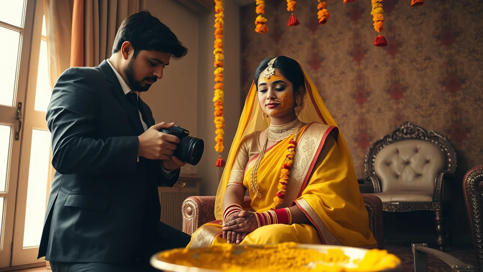 Wedding photographer cost in India - professional Indian wedding photographer capturing a Hindu bride during haldi in soft natural light