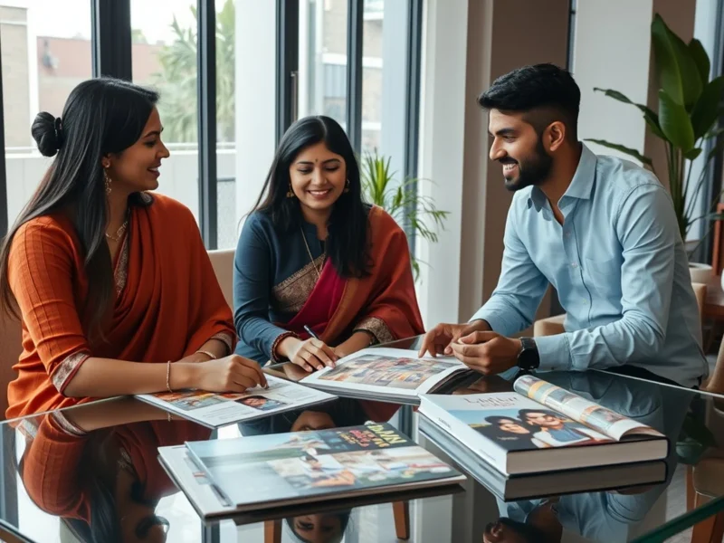 Indian wedding planner consultation scene with mood boards and venue brochures