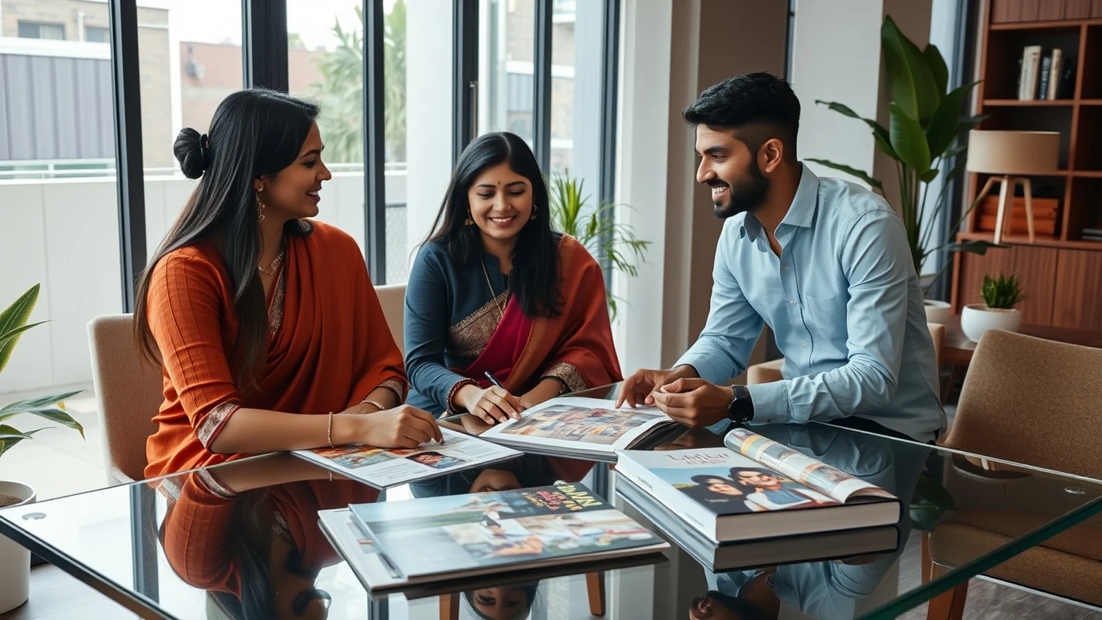 Indian wedding planner consultation scene with mood boards and venue brochures