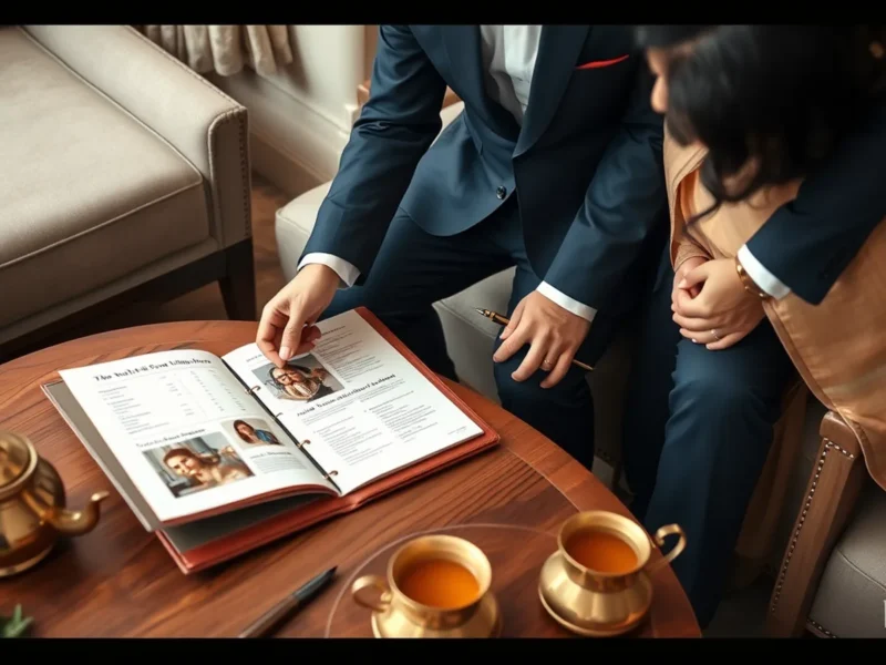 What an Indian wedding planner does - planner reviewing a detailed services document with a couple at a luxury hotel lounge