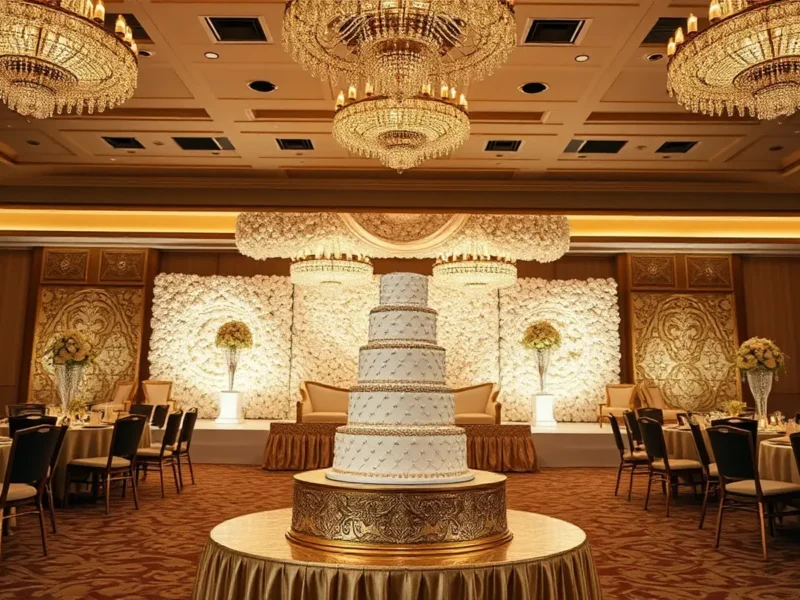 Luxury Indian wedding reception scene with ornate floral decor, tiered wedding cake, and stage at a ballroom