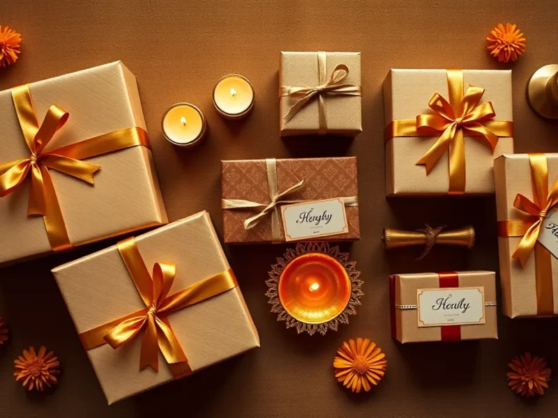Luxury Indian wedding return gift display with curated boxes, gold ribbons, and brass diya