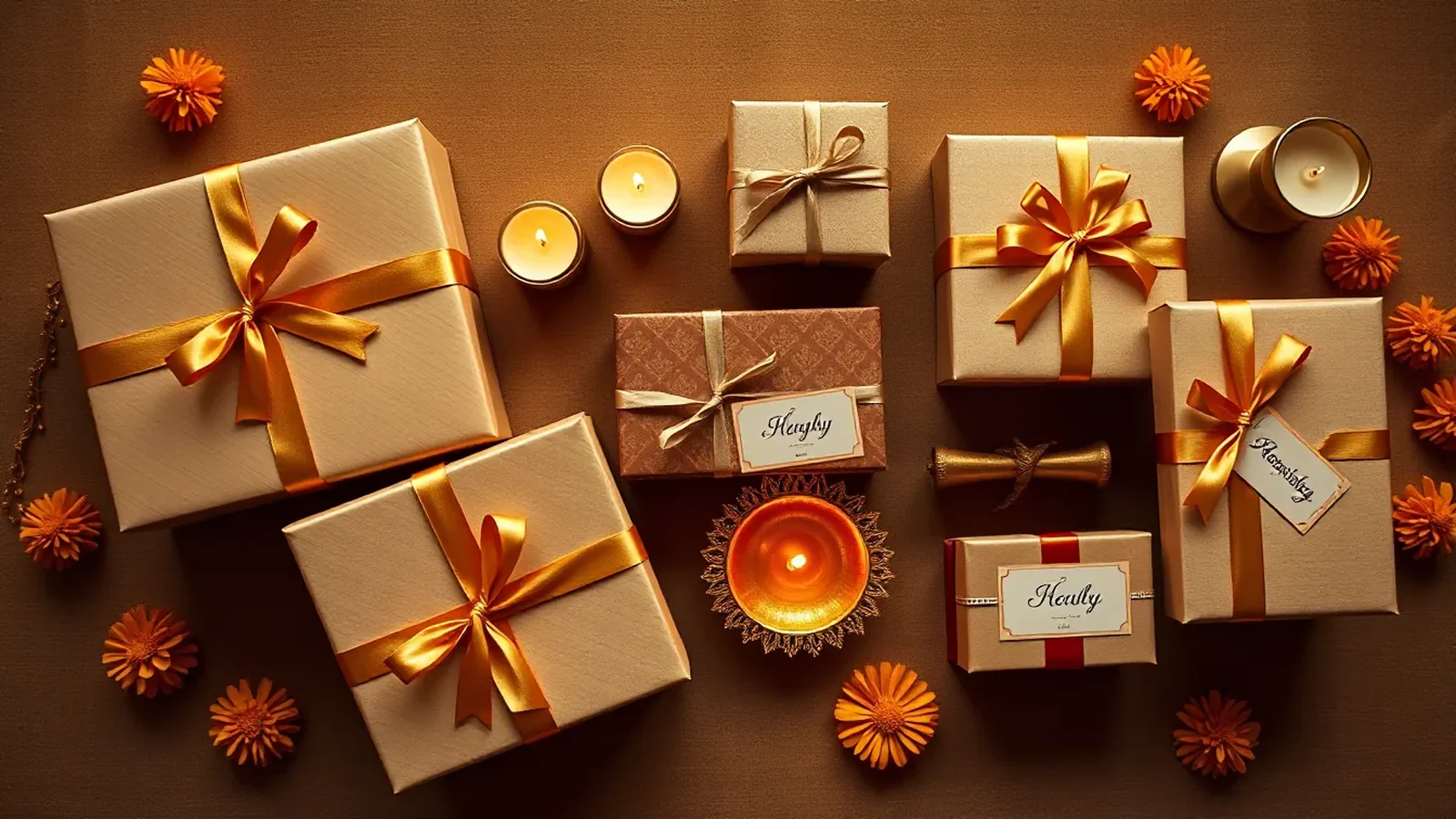 Luxury Indian wedding return gift display with curated boxes, gold ribbons, and brass diya