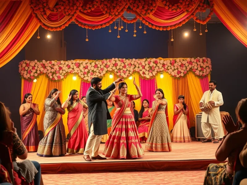 Wedding sangeet planning guide - a vibrant Indian sangeet night stage with performers, lights and decor