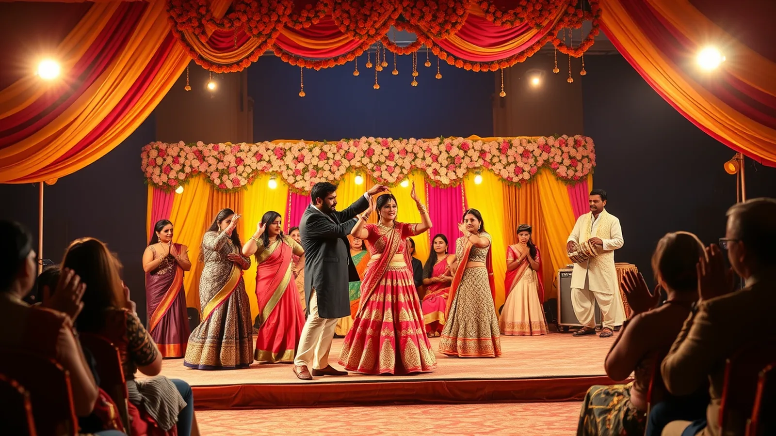 Wedding sangeet planning guide - a vibrant Indian sangeet night stage with performers, lights and decor