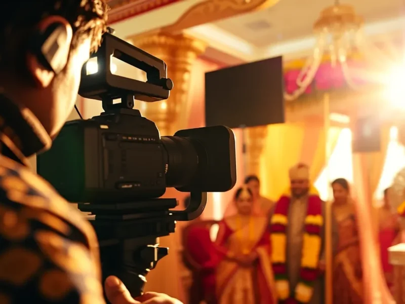 Indian wedding cinematic videographer with cinema camera filming a palace mandap ceremony