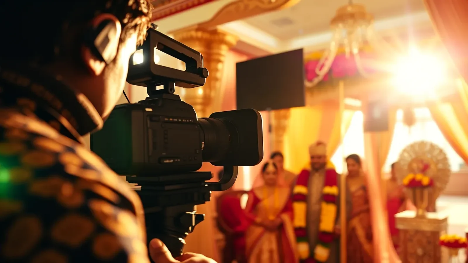 Indian wedding cinematic videographer with cinema camera filming a palace mandap ceremony